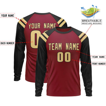Custom Crimson Black-Khaki Crew Neck Personalized Raglan Long Sleeve Performance T-Shirt