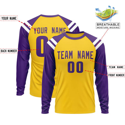Custom Gold Purple-White Crew Neck Personalized Raglan Long Sleeve Performance T-Shirt