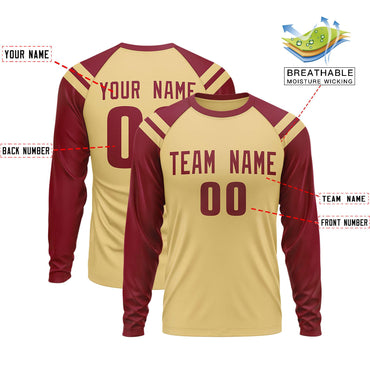 Custom Khaki Crimson-Khaki Crew Neck Personalized Raglan Long Sleeve Performance T-Shirt