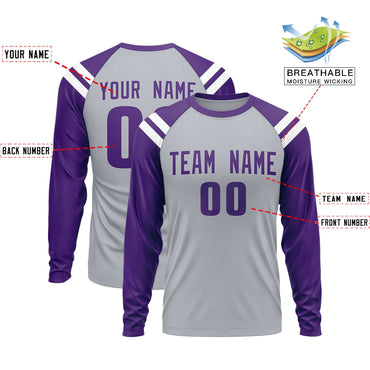 Custom Gray Purple-White Crew Neck Personalized Raglan Long Sleeve Performance T-Shirt