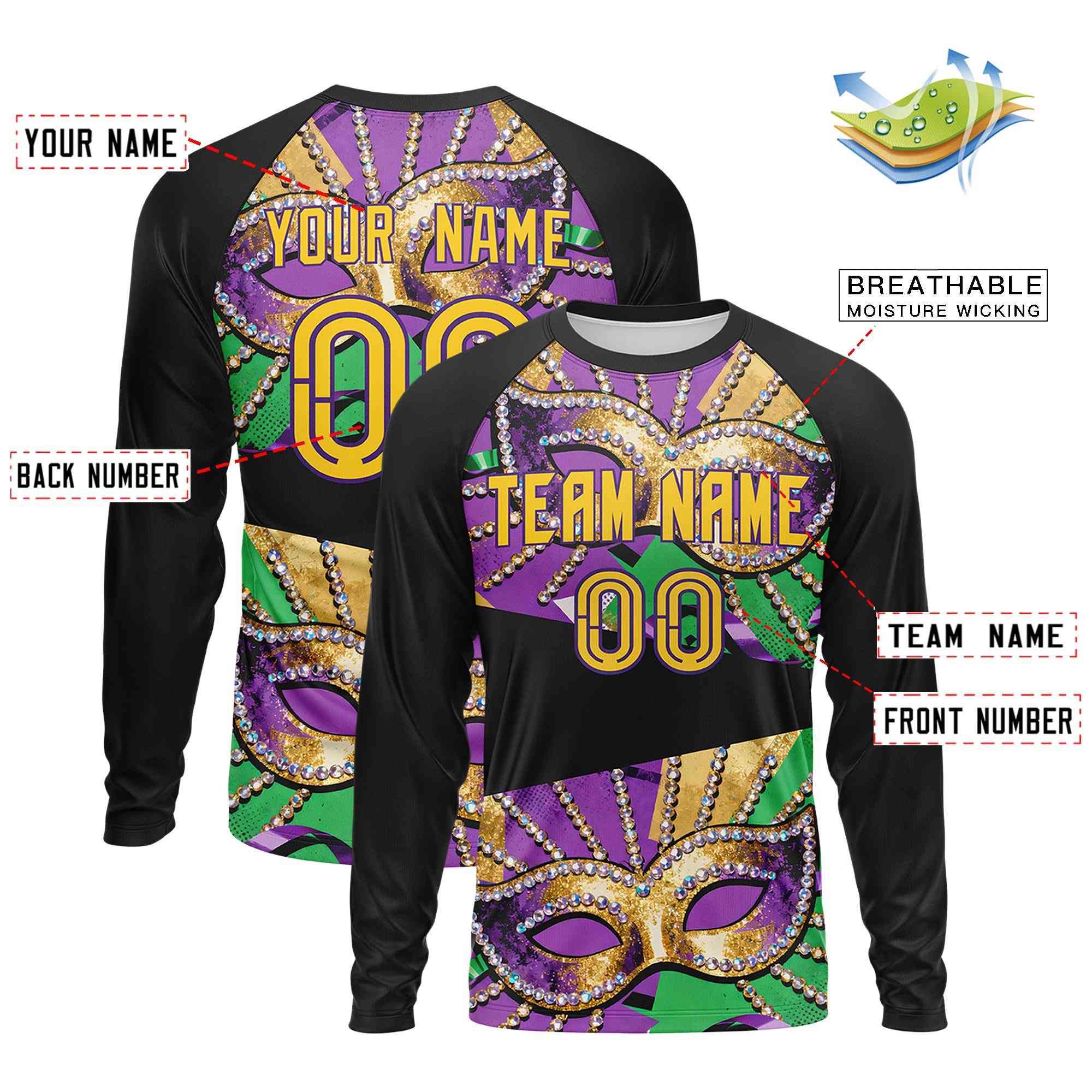 Custom Black Gold Crew Neck Personalized Mardi Gras Long Sleeve Performance T-shirt | KXKSHOP