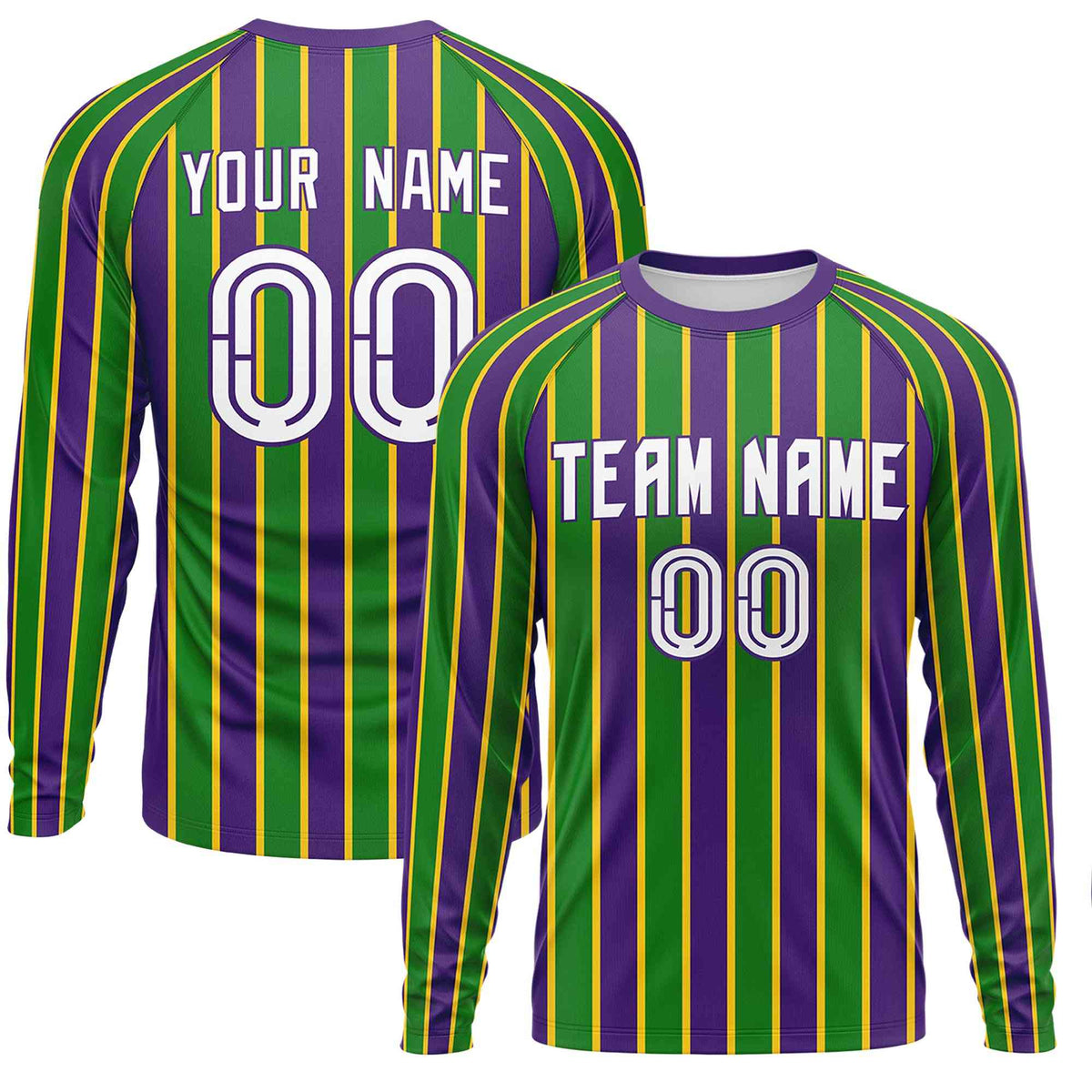 Custom Purple Kelly Green Crew Neck Personalized Mardi Gras Long Sleeve Performance T-shirt | KXKSHOP