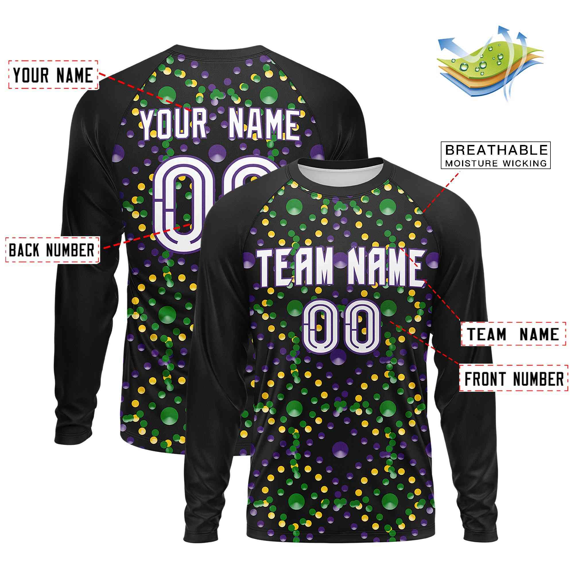 Custom Black Purple Crew Neck Personalized Mardi Gras Long Sleeve Performance T-shirt | KXKSHOP