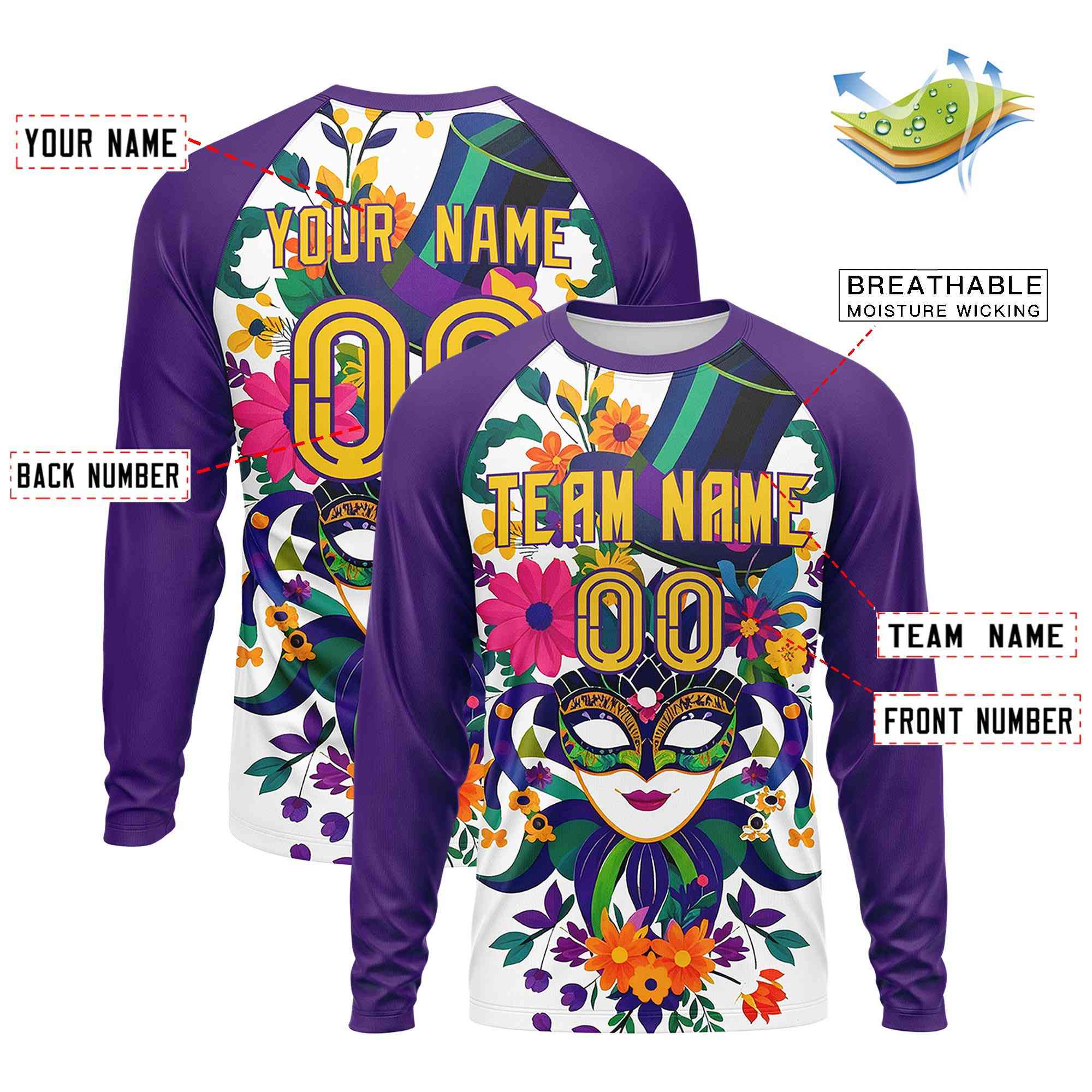 Custom Purple Gold Crew Neck Personalized Mardi Gras Long Sleeve Performance T-shirt | KXKSHOP