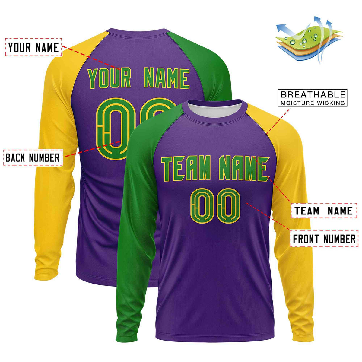 Custom Purple Kelly Green Crew Neck Personalized Mardi Gras Long Sleeve Performance T-shirt | KXKSHOP