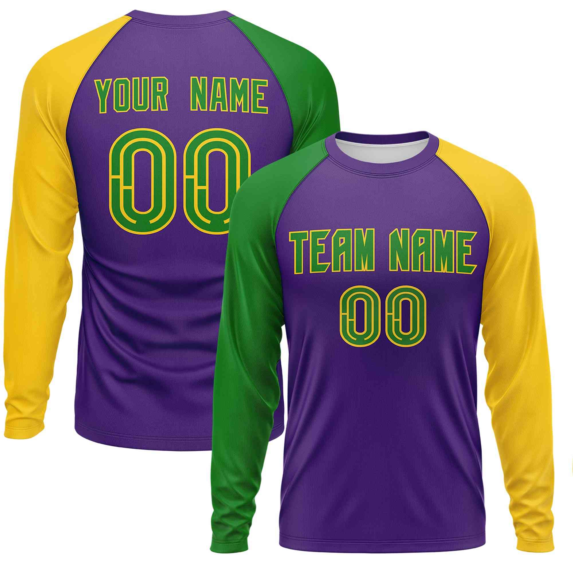 Custom Purple Kelly Green Crew Neck Personalized Mardi Gras Long Sleeve Performance T-shirt | KXKSHOP