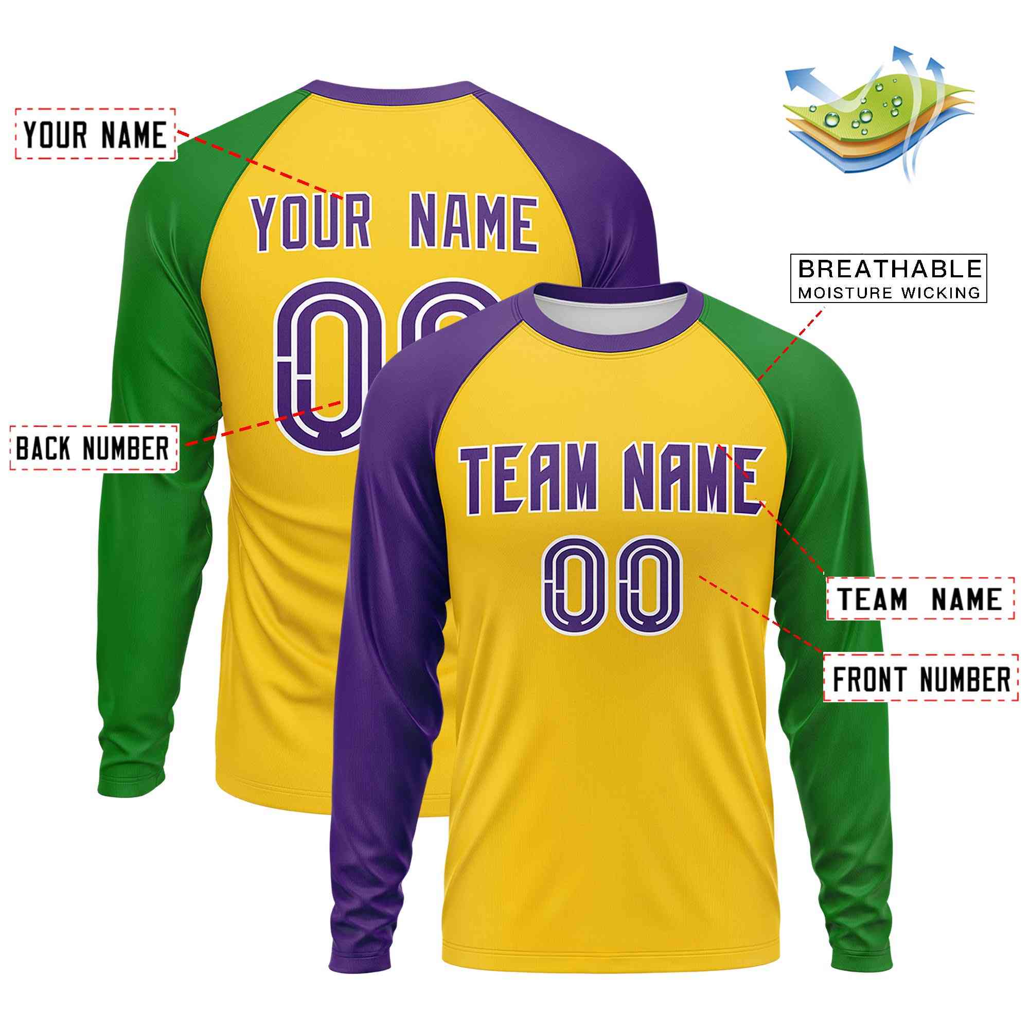 Custom Gold Purple Crew Neck Personalized Mardi Gras Long Sleeve Performance T-shirt | KXKSHOP
