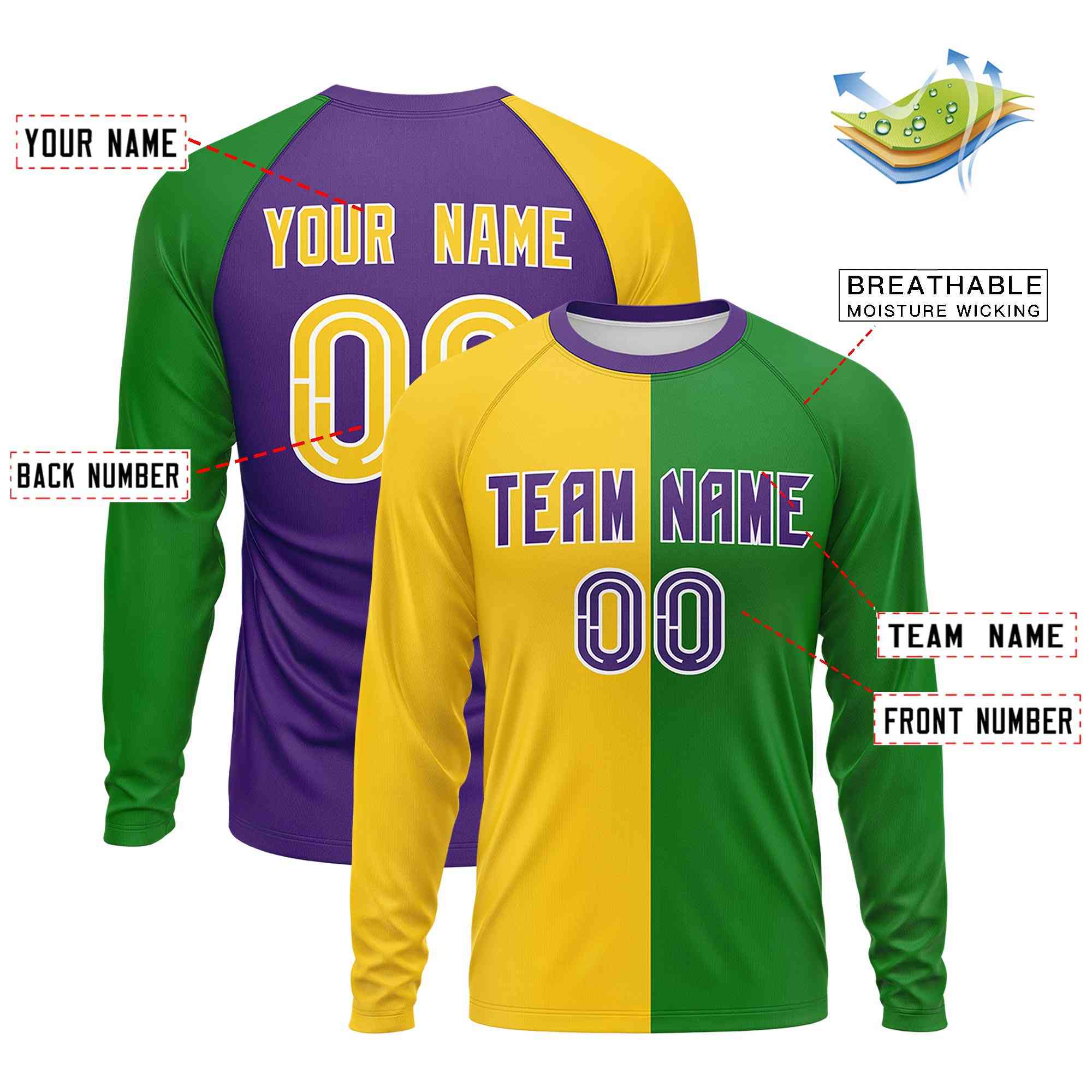 Custom Gold Kelly Green Crew Neck Personalized Mardi Gras Long Sleeve Performance T-shirt | KXKSHOP