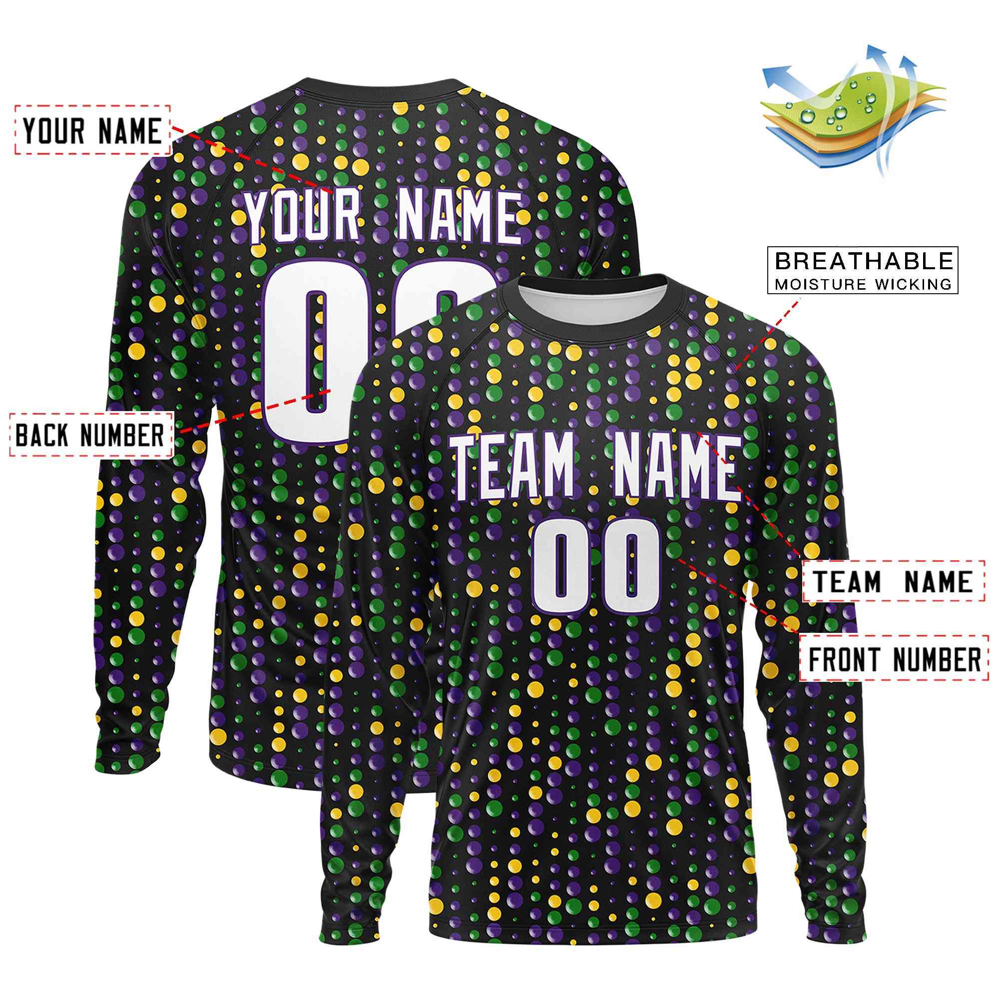 Custom Black White Crew Neck Personalized Mardi Gras Long Sleeve Performance T-shirt | KXKSHOP