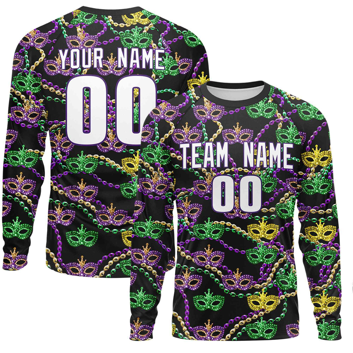 Custom Black White Crew Neck Personalized Mardi Gras Long Sleeve Performance T-shirt | KXKSHOP