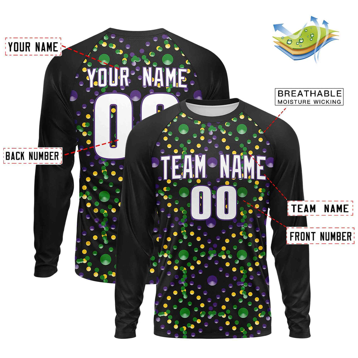 Custom Black Purple Crew Neck Personalized Mardi Gras Long Sleeve Performance T-shirt | KXKSHOP