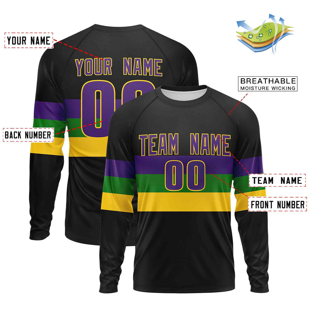 Custom Black Purple Crew Neck Personalized Mardi Gras Long Sleeve Performance T-shirt | KXKSHOP