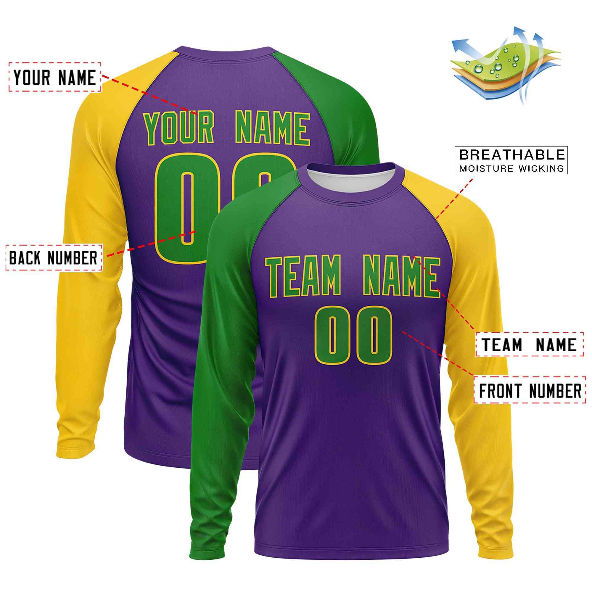 Custom Purple Kelly Green Crew Neck Personalized Mardi Gras Long Sleeve Performance T-shirt | KXKSHOP