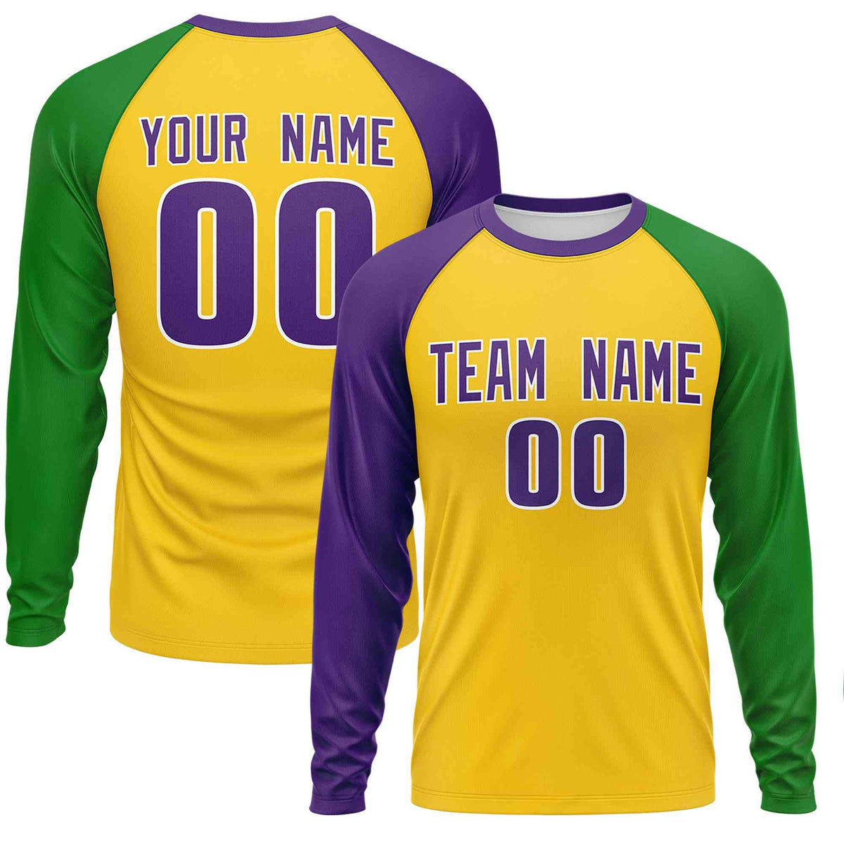 Custom Gold Purple Crew Neck Personalized Mardi Gras Long Sleeve Performance T-shirt | KXKSHOP