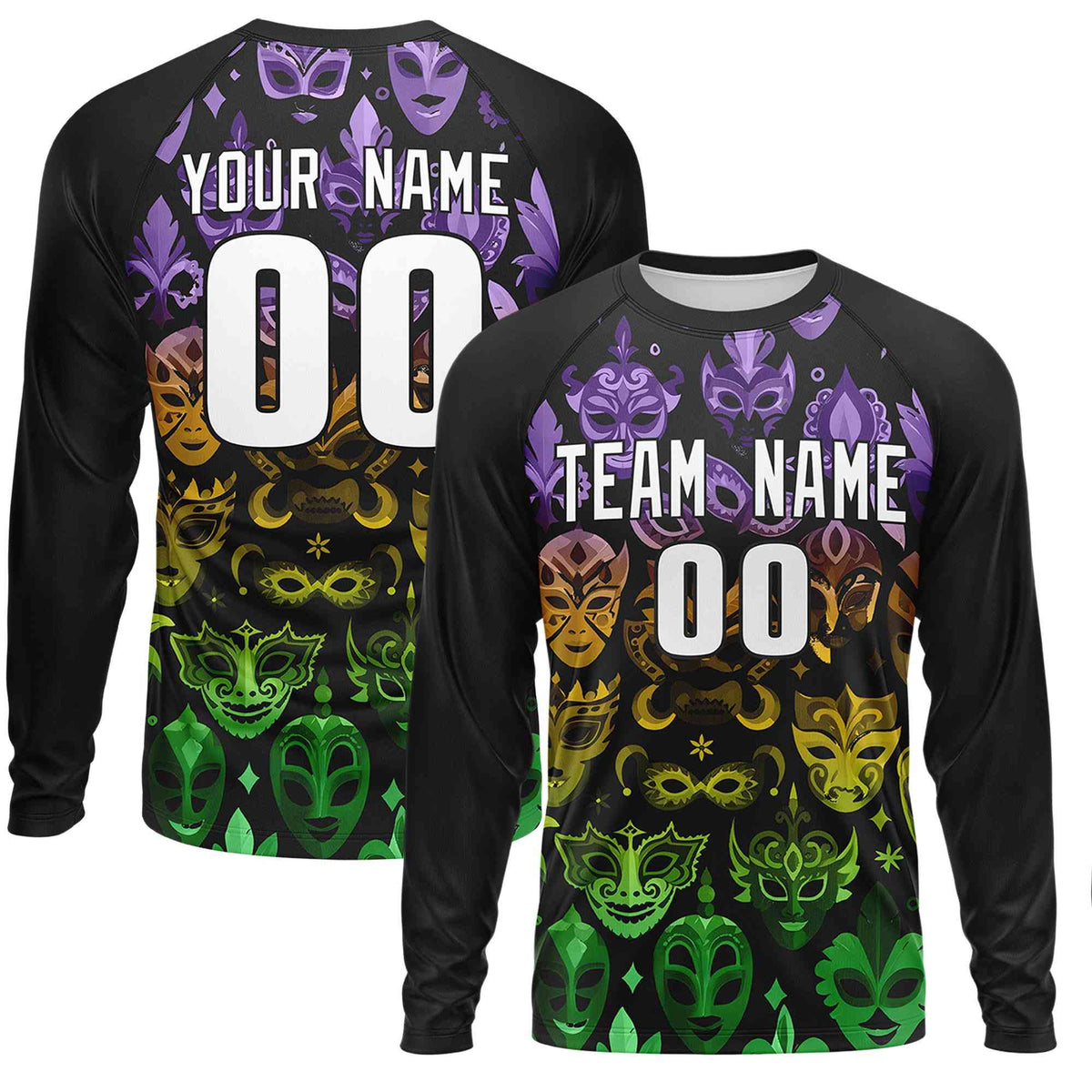 Custom Black White Crew Neck Personalized Mardi Gras Long Sleeve Performance T-shirt | KXKSHOP