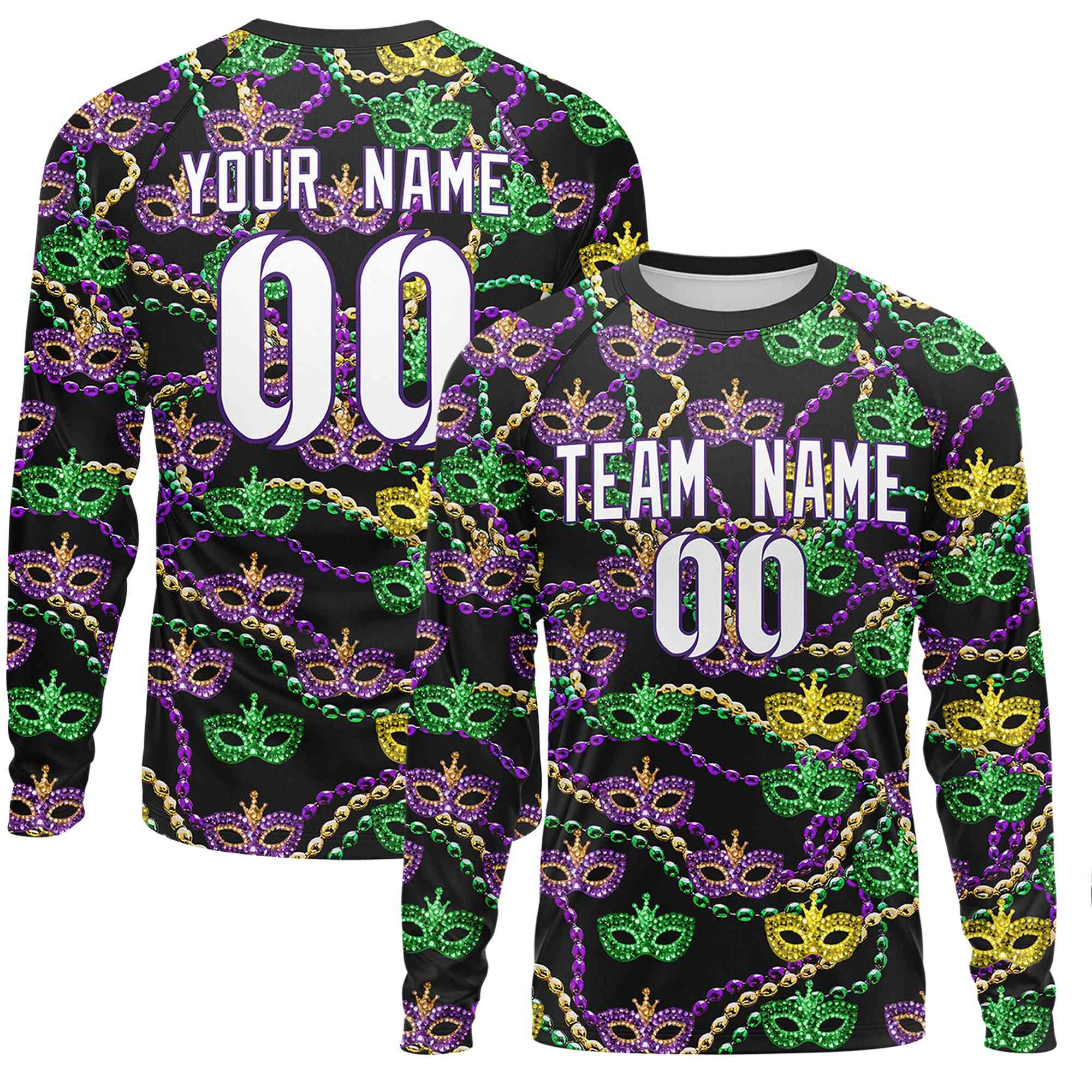 Custom Black White Crew Neck Personalized Mardi Gras Long Sleeve Performance T-shirt | KXKSHOP