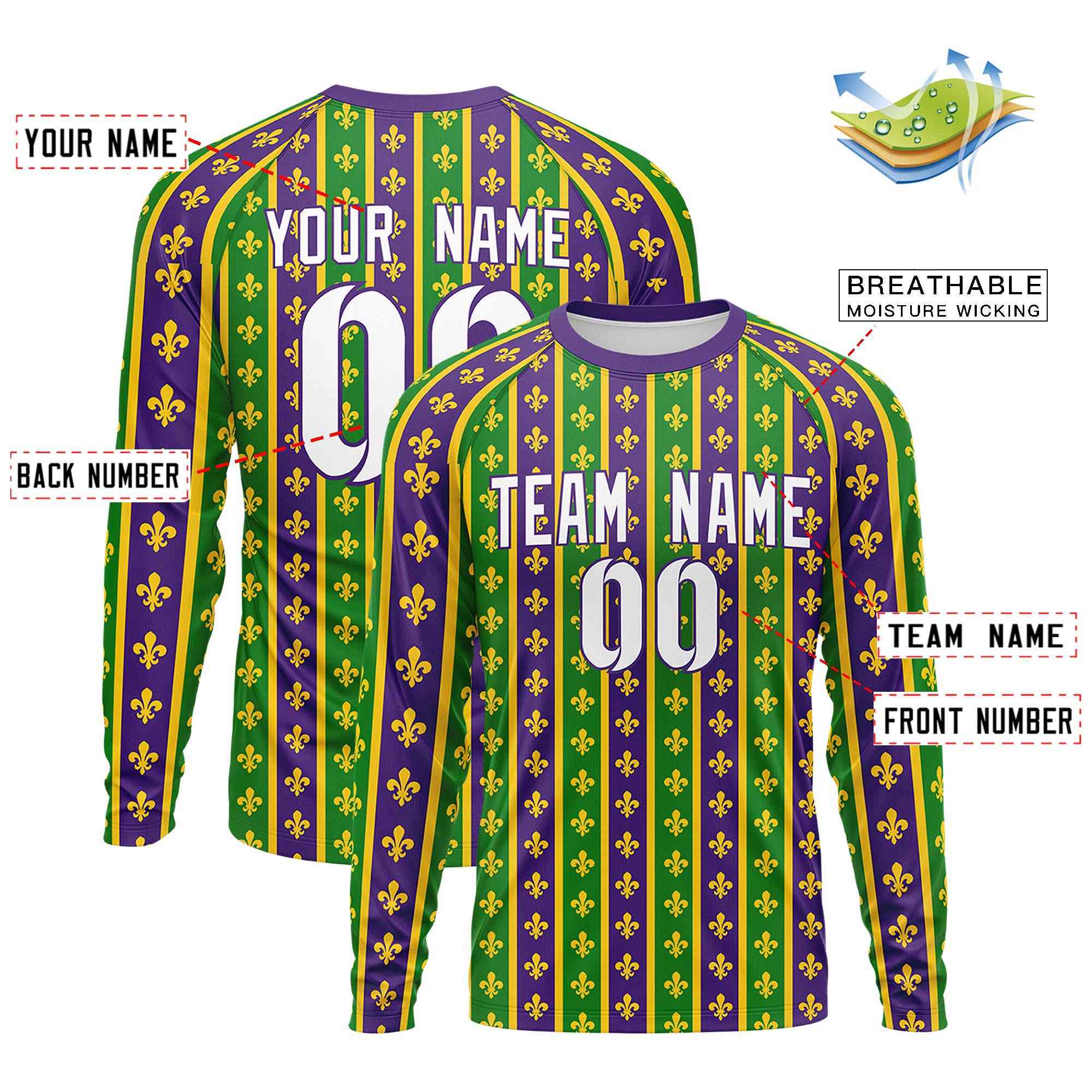 Custom Purple Kelly Green Crew Neck Personalized Mardi Gras Long Sleeve Performance T-shirt | KXKSHOP