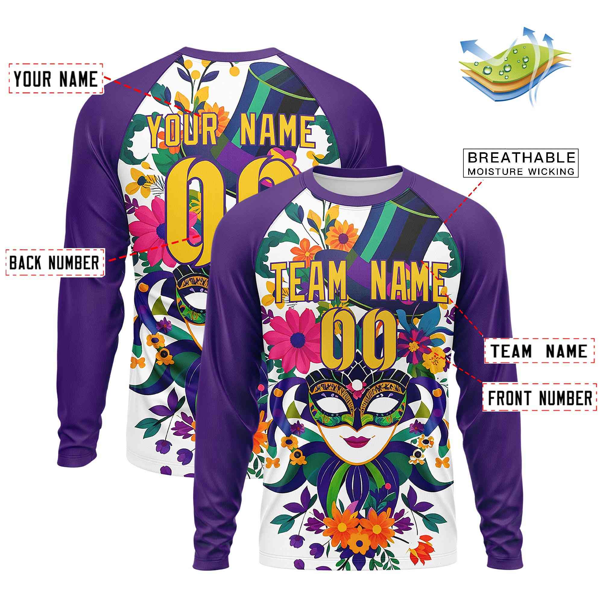 Custom Purple Gold Crew Neck Personalized Mardi Gras Long Sleeve Performance T-shirt | KXKSHOP