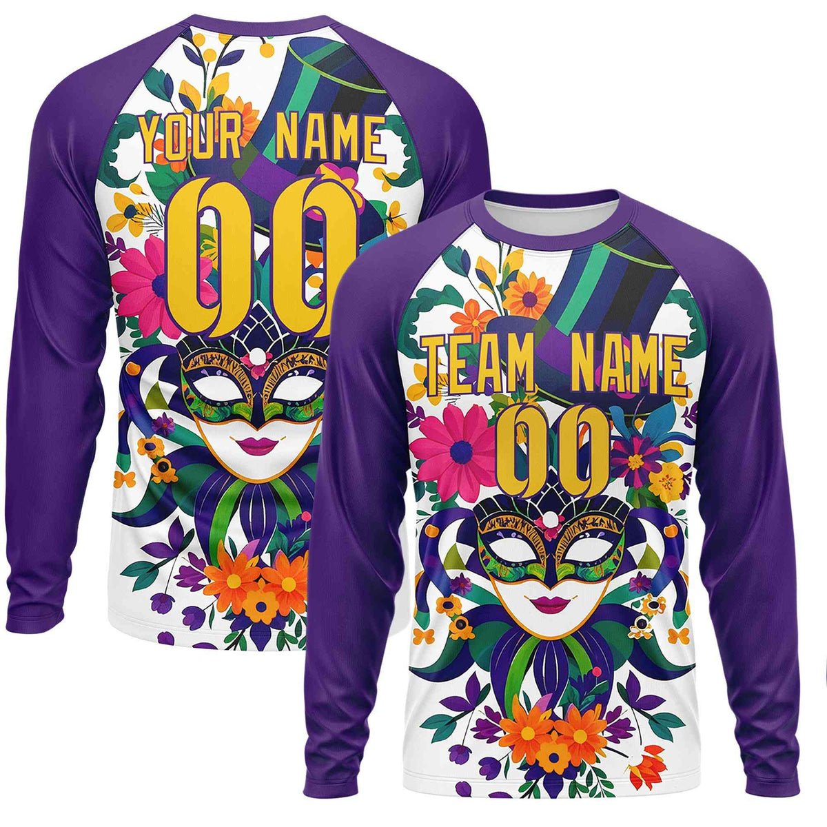 Custom Purple Gold Crew Neck Personalized Mardi Gras Long Sleeve Performance T-shirt | KXKSHOP
