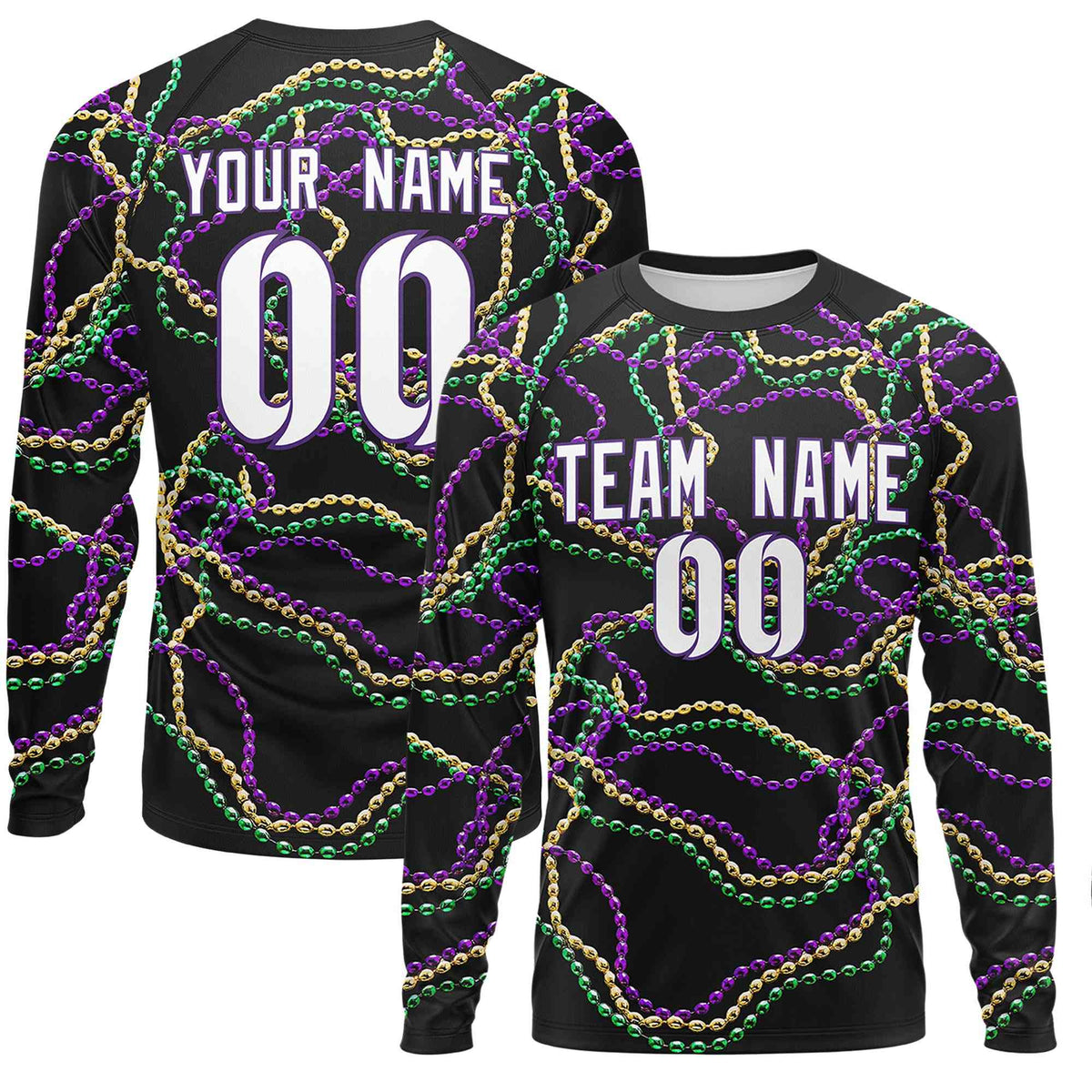 Custom Black Purple Crew Neck Personalized Mardi Gras Long Sleeve Performance T-shirt | KXKSHOP