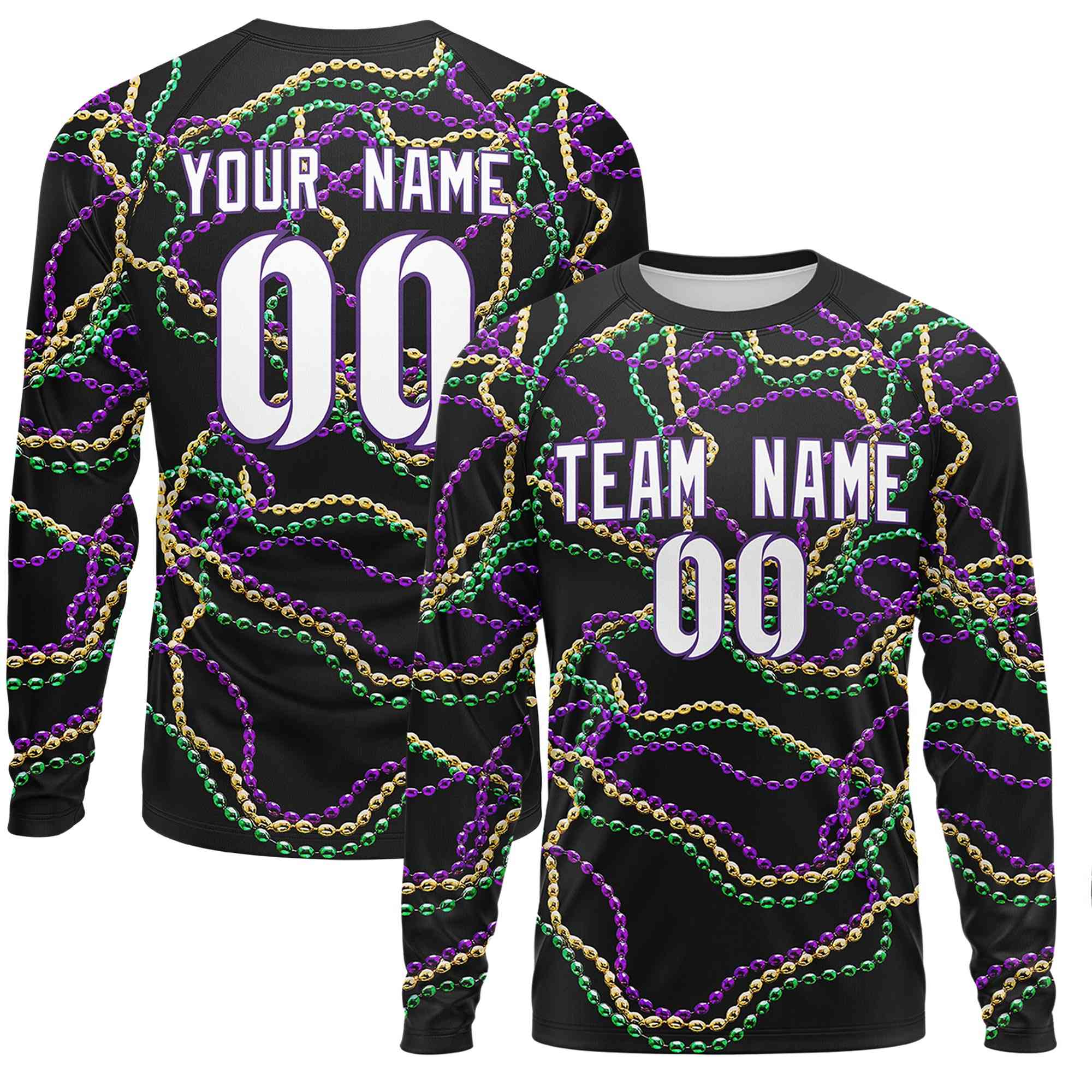 Custom Black Purple Crew Neck Personalized Mardi Gras Long Sleeve Performance T-shirt | KXKSHOP