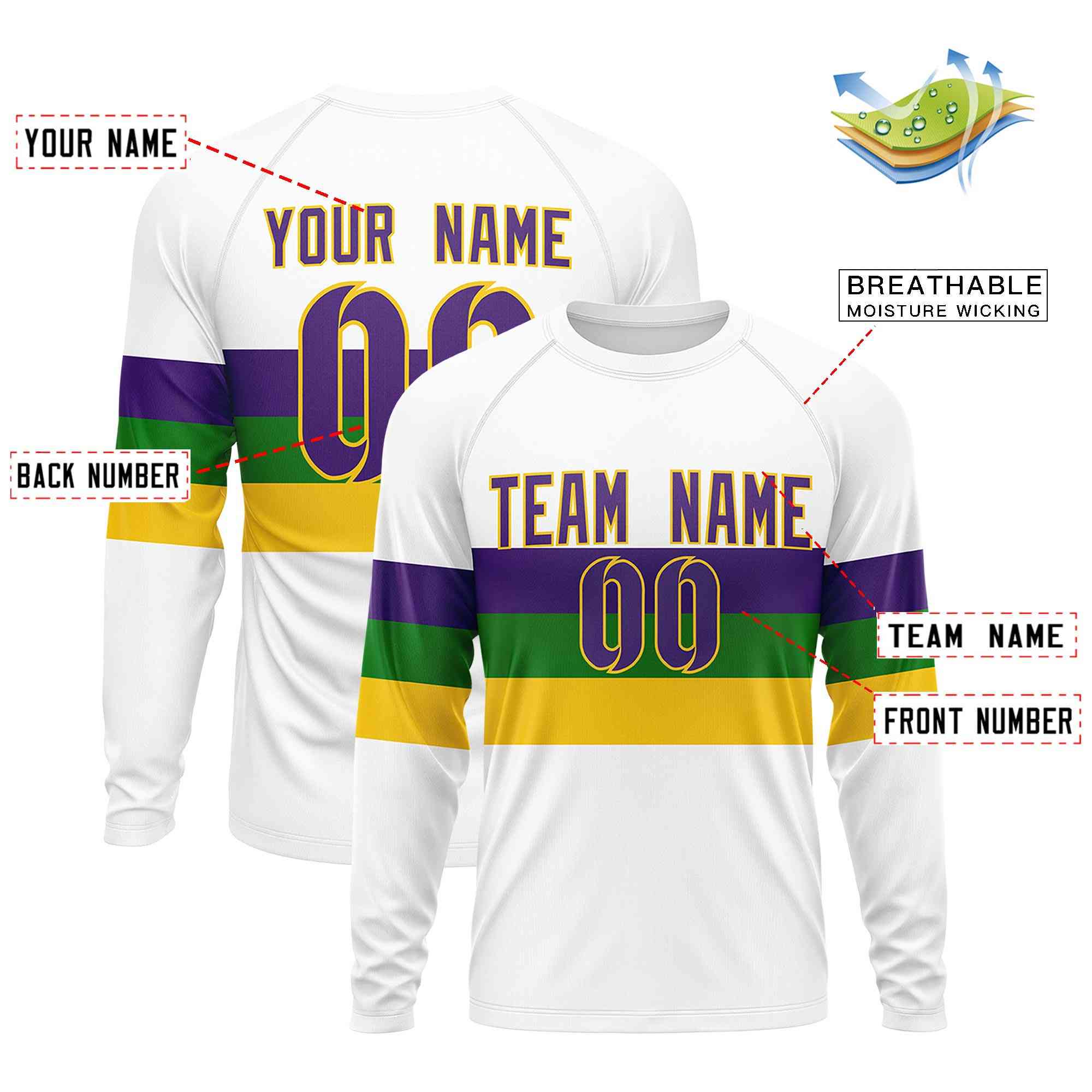 Custom White Purple Crew Neck Personalized Mardi Gras Long Sleeve Performance T-shirt | KXKSHOP