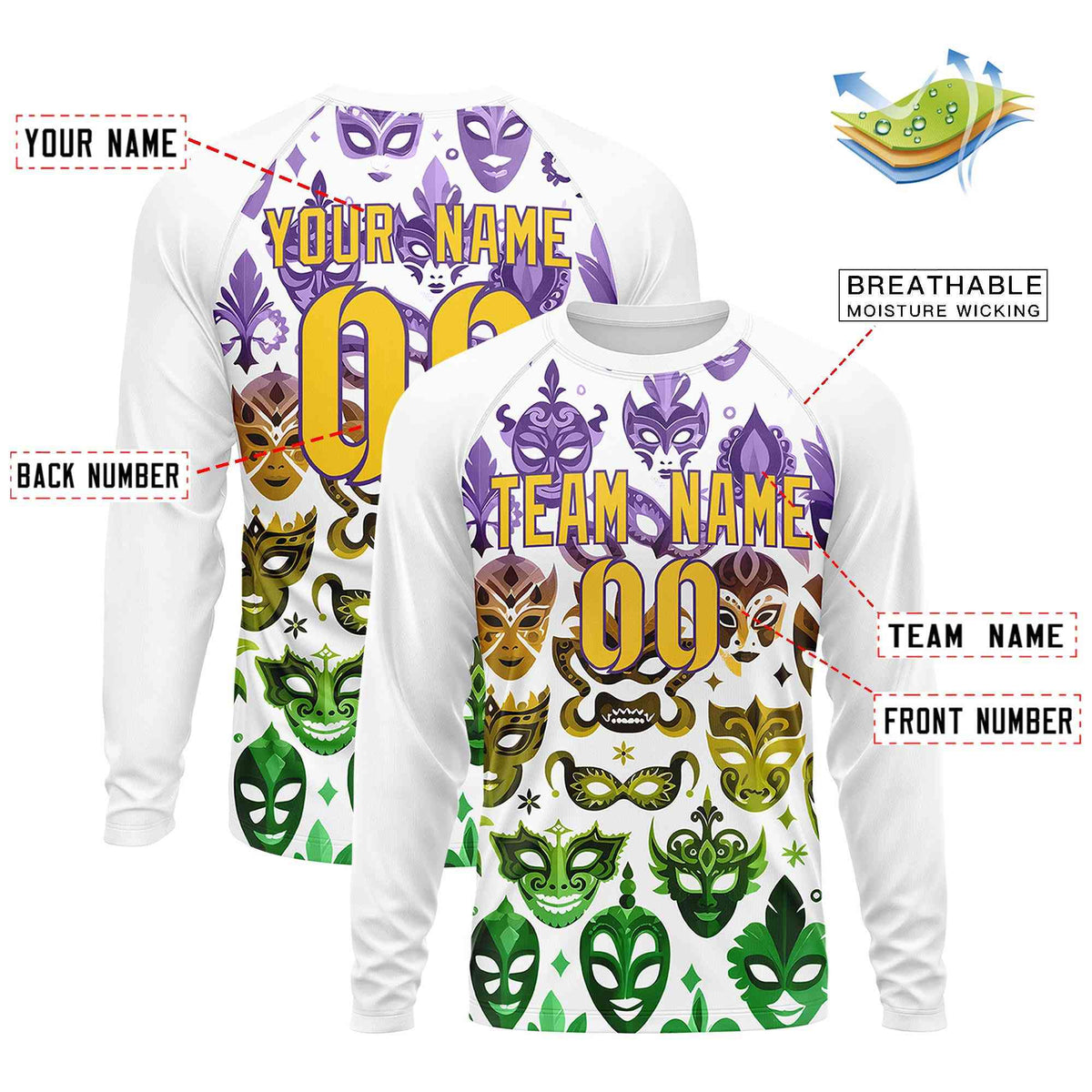 Custom White Gold Crew Neck Personalized Mardi Gras Long Sleeve Performance T-shirt | KXKSHOP