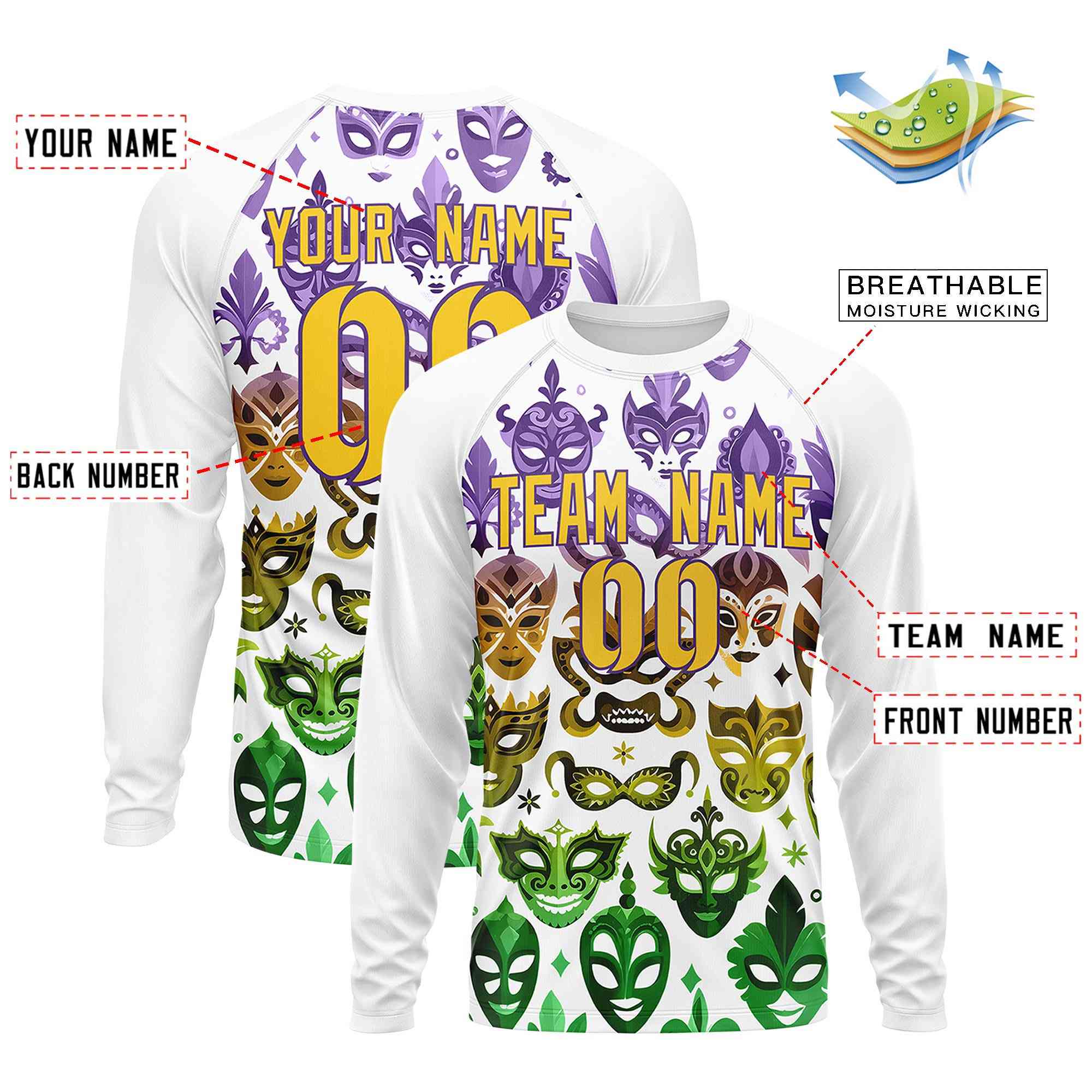Custom White Gold Crew Neck Personalized Mardi Gras Long Sleeve Performance T-shirt | KXKSHOP