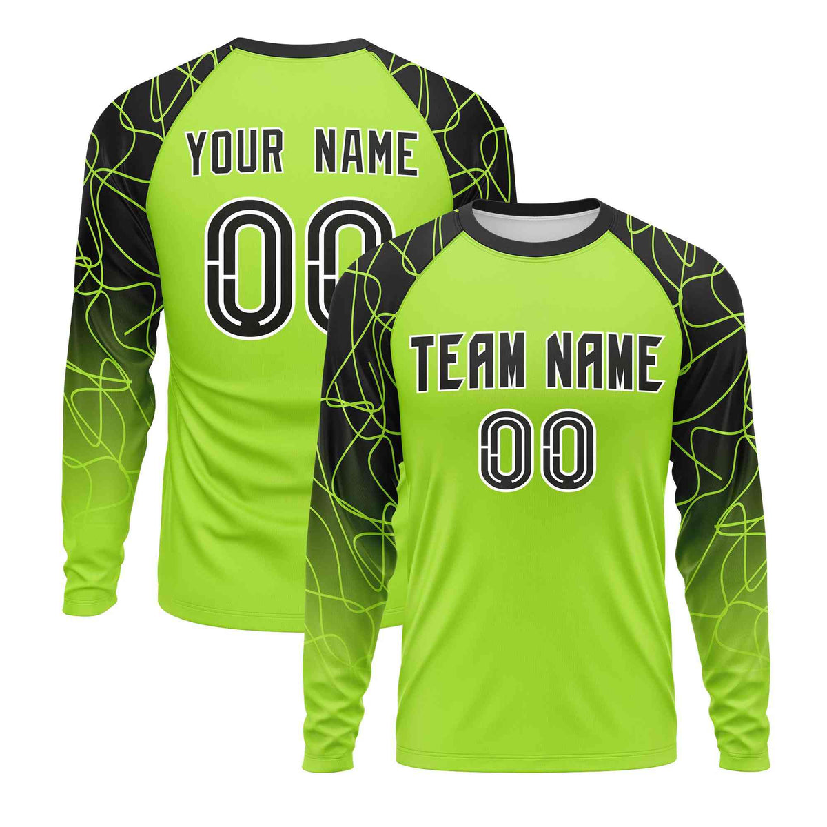 Custom Neon Green Black Tangled Lines Pattern Raglan Long Sleeve Performance T-Shirt