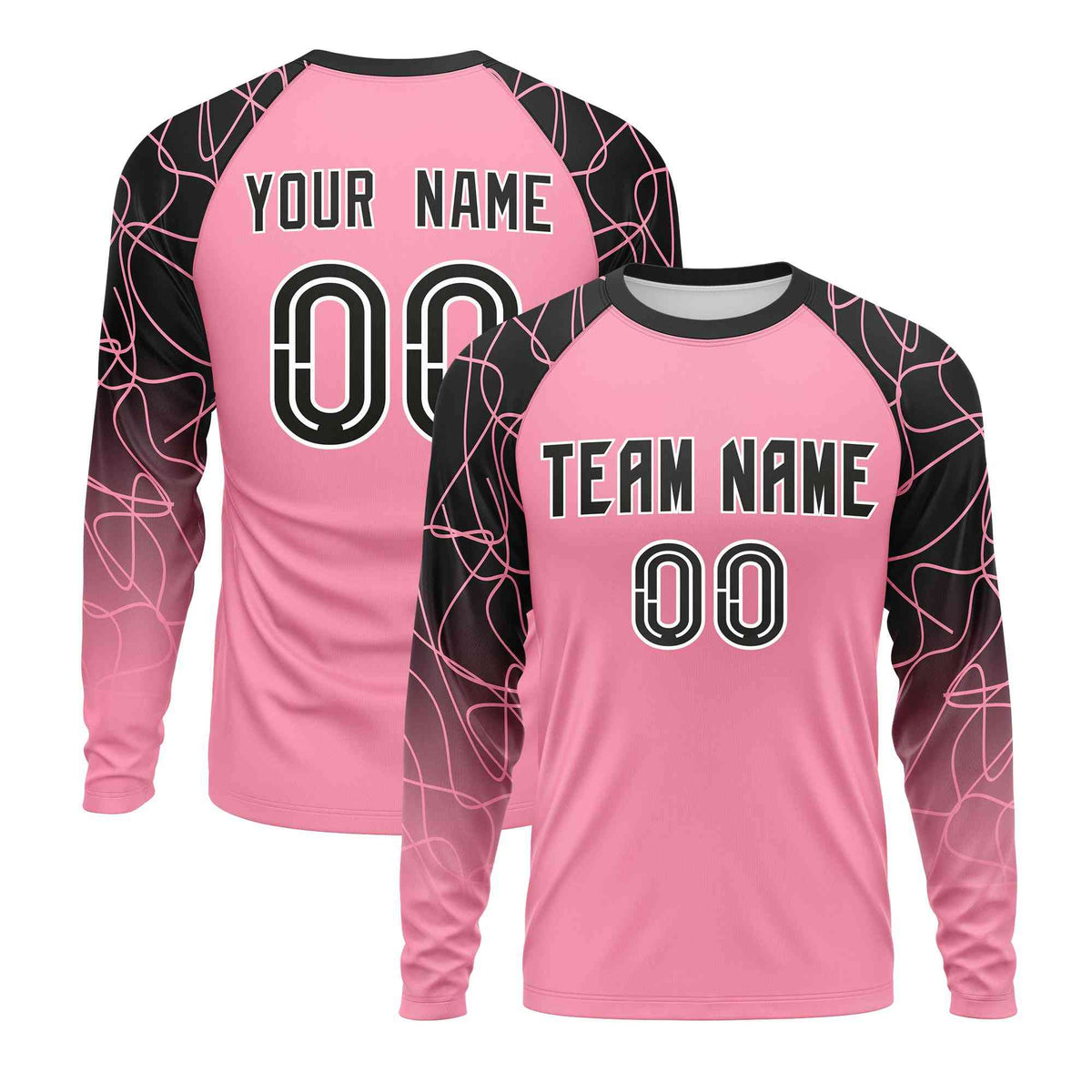 Custom Light Pink Black Tangled Lines Pattern Raglan Long Sleeve Performance T-Shirt