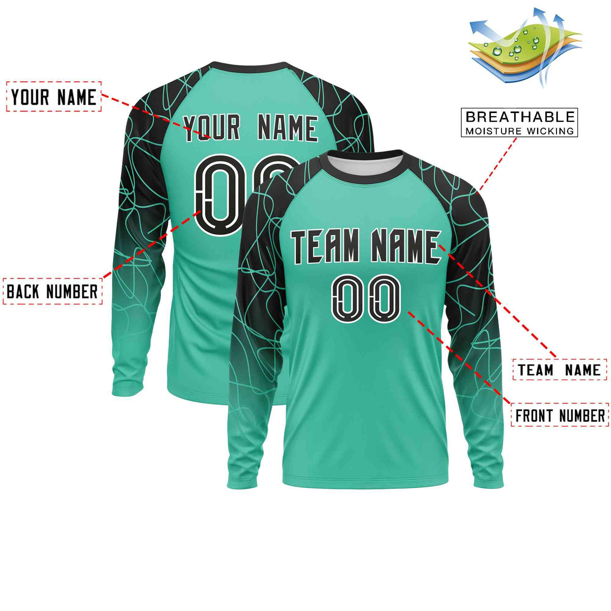 Custom Bright Green Black Tangled Lines Pattern Raglan Long Sleeve Performance T-Shirt