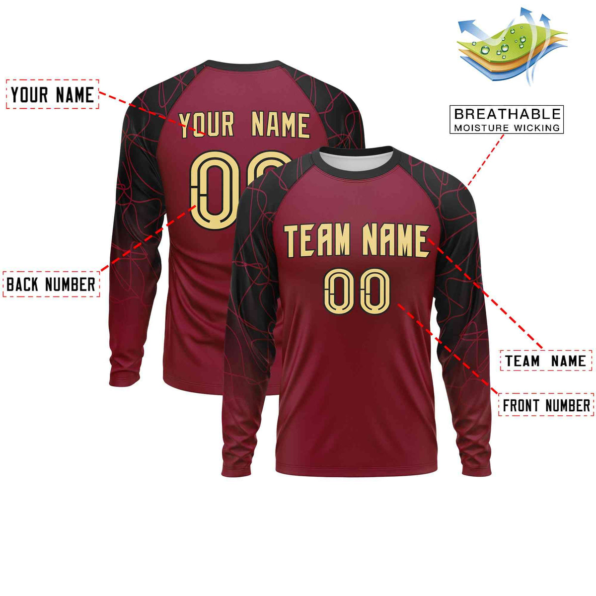 Custom Crimson Black Tangled Lines Pattern Raglan Long Sleeve Performance T-Shirt