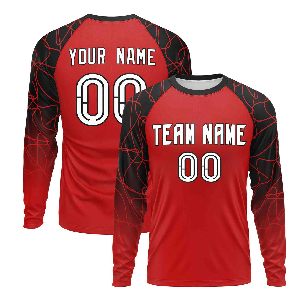 Custom Red Black Tangled Lines Pattern Raglan Long Sleeve Performance T-Shirt