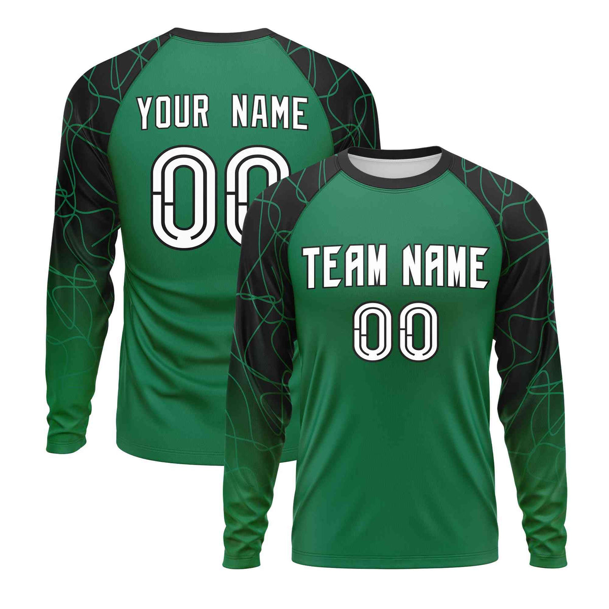 Custom Kelly Green Black Tangled Lines Pattern Raglan Long Sleeve Performance T-Shirt