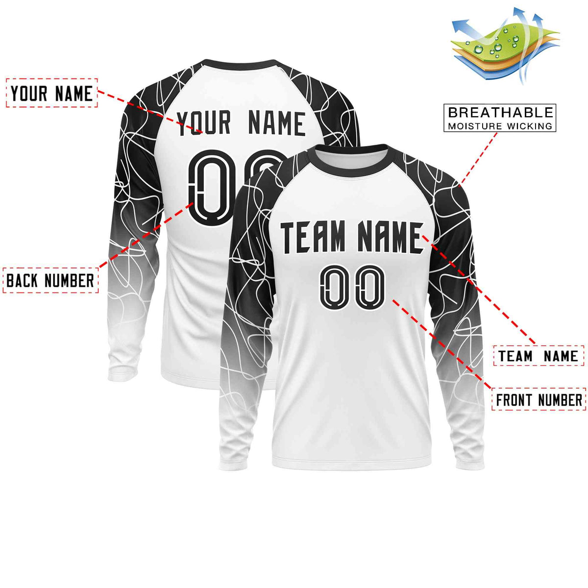 Custom White Black Tangled Lines Pattern Raglan Long Sleeve Performance T-Shirt