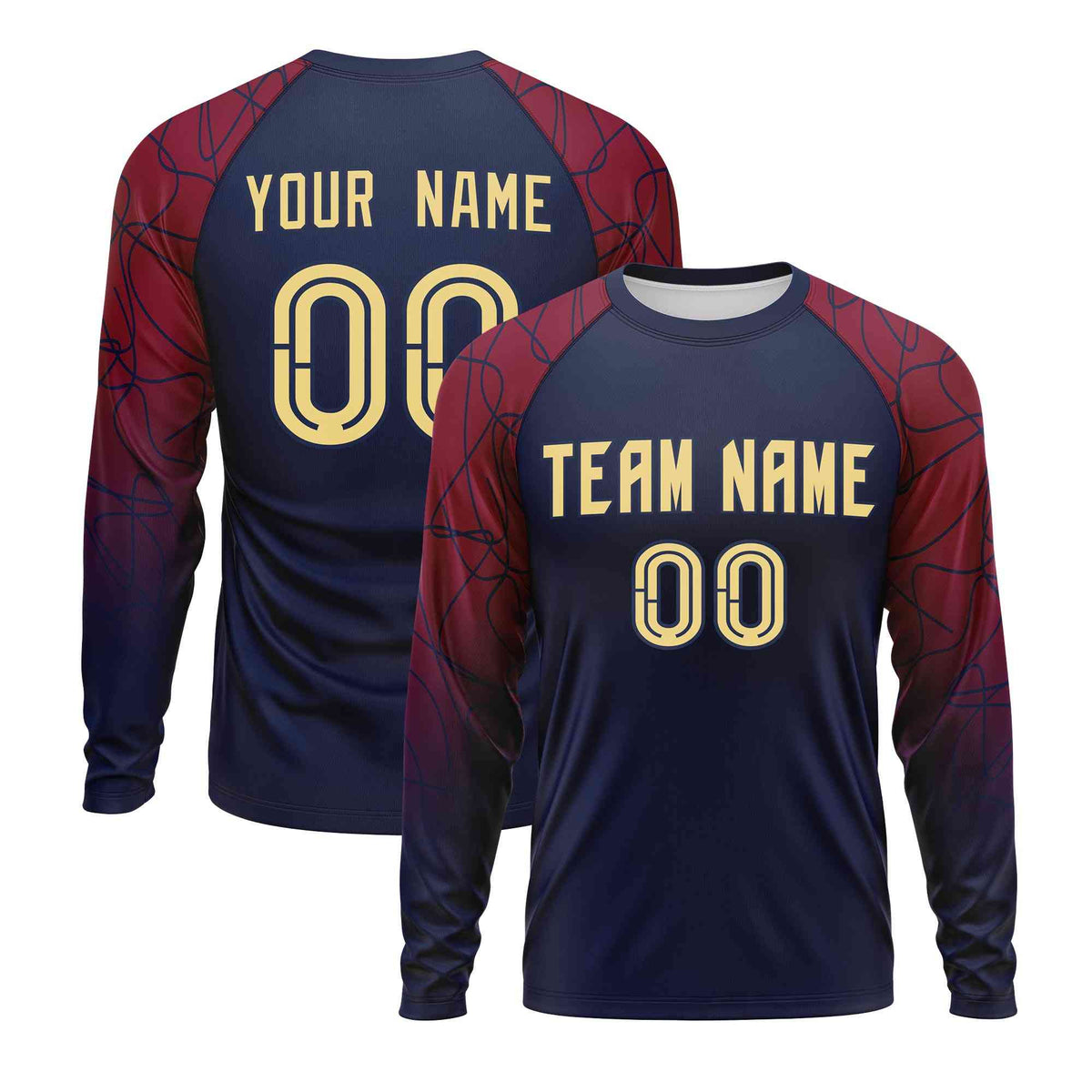 Custom Navy Crimson Tangled Lines Pattern Raglan Long Sleeve Performance T-Shirt