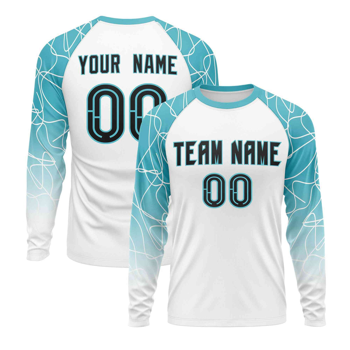 Custom Teal White Tangled Lines Pattern Raglan Long Sleeve Performance T-Shirt