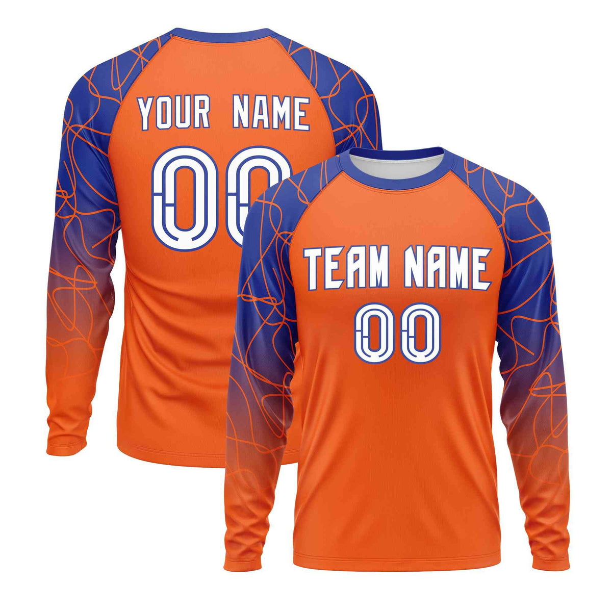 Custom Orange Royal Blue Tangled Lines Pattern Raglan Long Sleeve Performance T-Shirt
