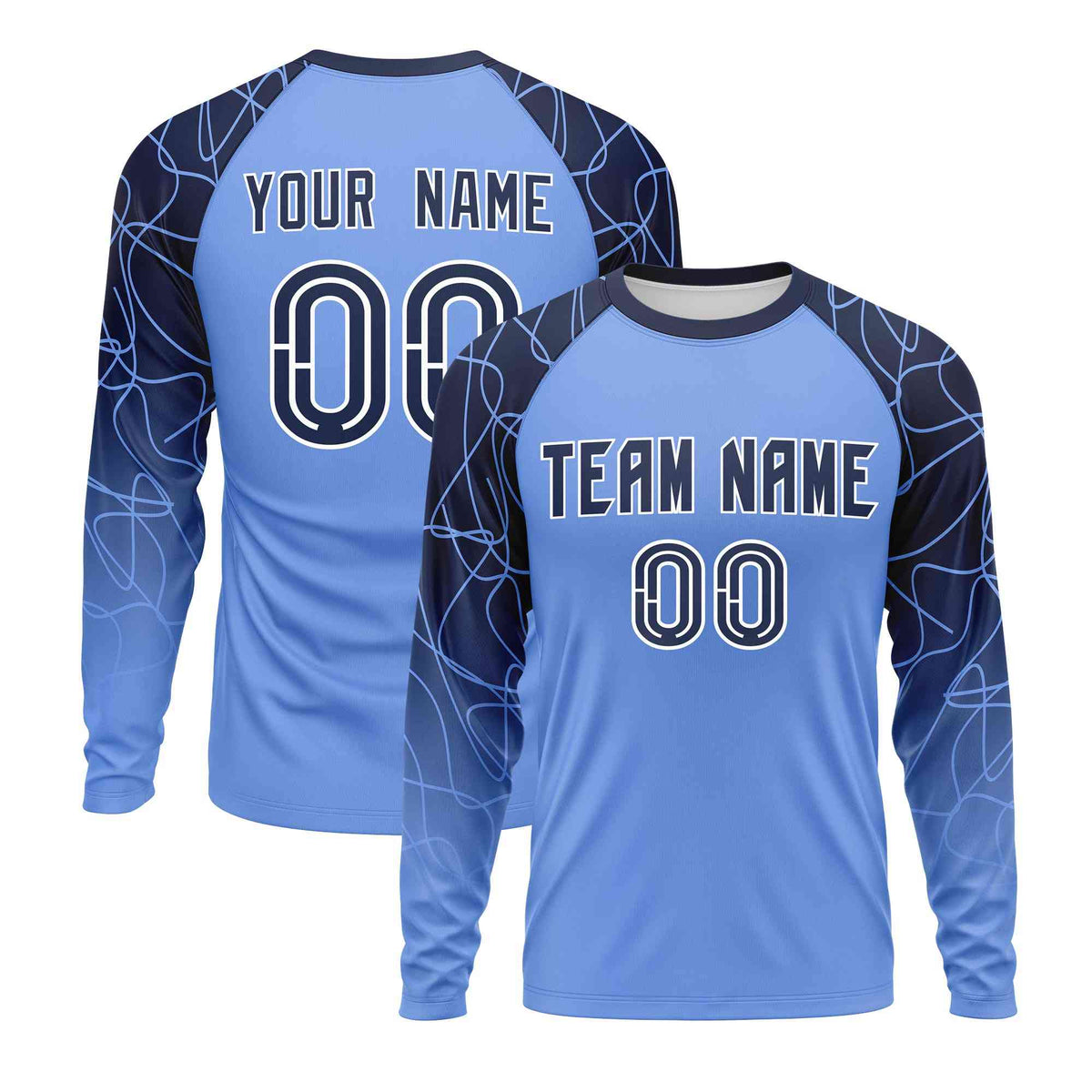 Custom Light Blue Navy Tangled Lines Pattern Raglan Long Sleeve Performance T-Shirt