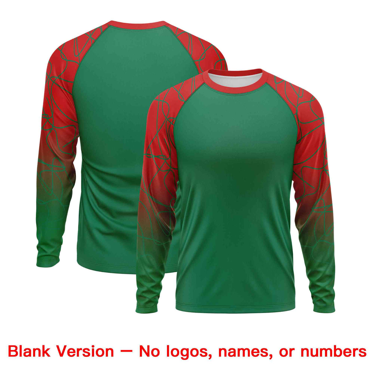 Custom Kelly Green Red Tangled Lines Pattern Raglan Long Sleeve Performance T-Shirt
