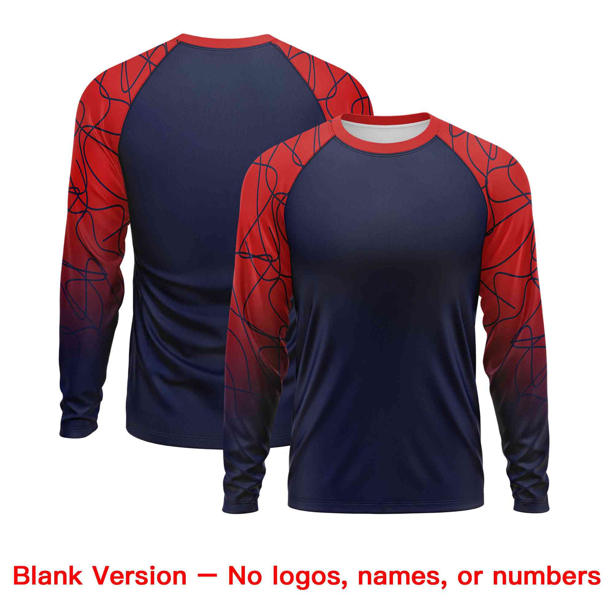 Custom Navy Red Tangled Lines Pattern Raglan Long Sleeve Performance T-Shirt