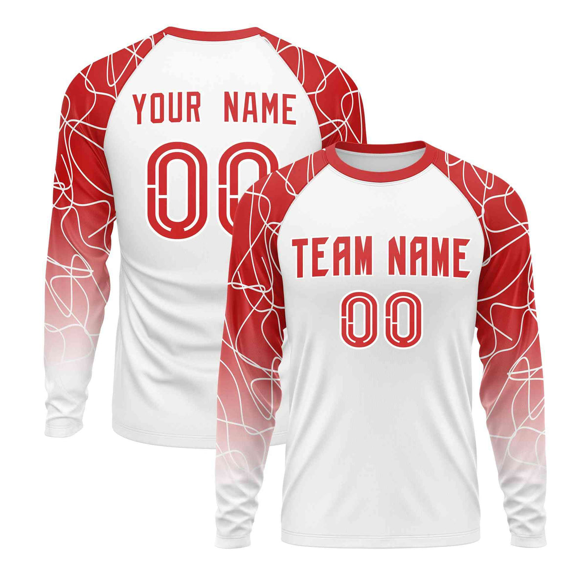 Custom White Red Tangled Lines Pattern Raglan Long Sleeve Performance T-Shirt