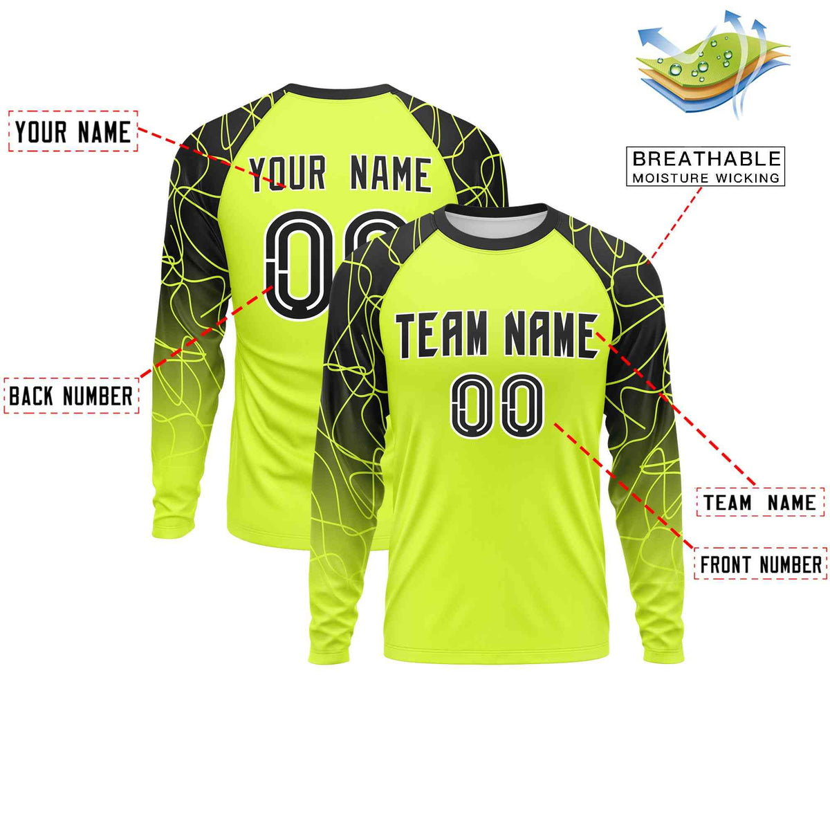 Custom Fluorescent Green Black Tangled Lines Pattern Raglan Long Sleeve Performance T-Shirt