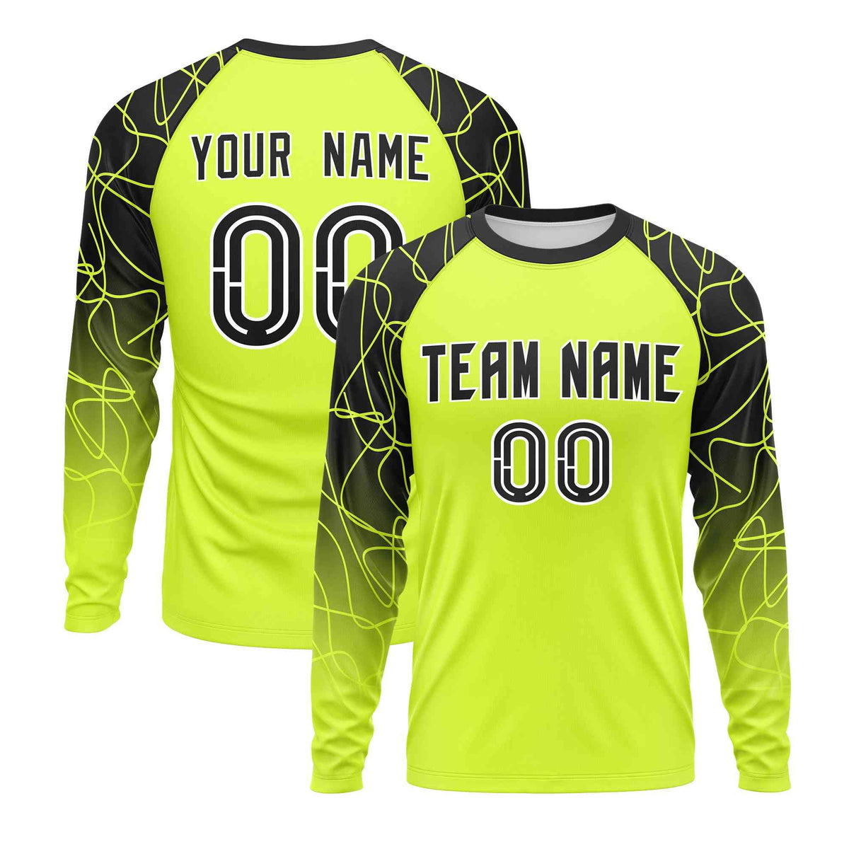 Custom Fluorescent Green Black Tangled Lines Pattern Raglan Long Sleeve Performance T-Shirt