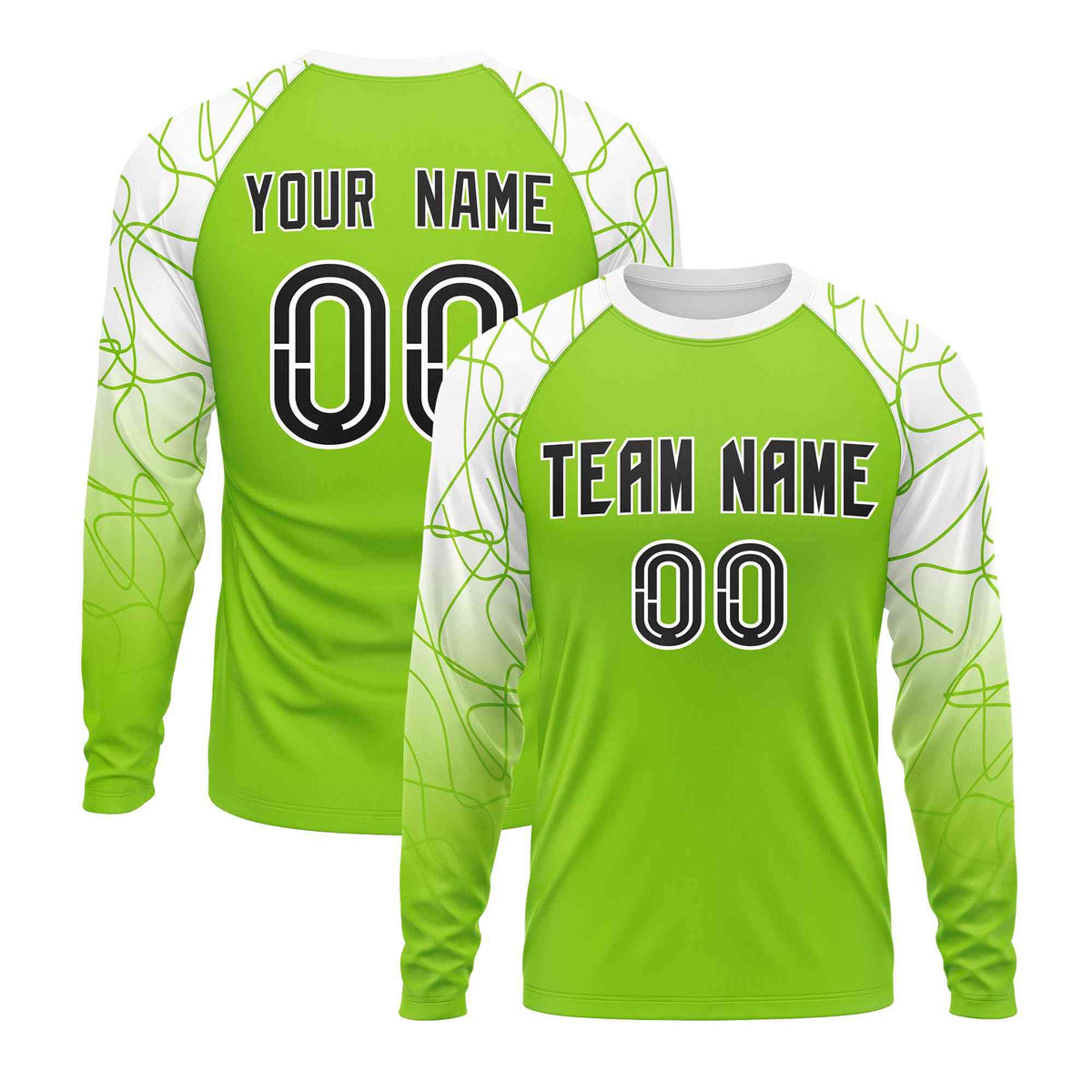 Custom Neon Green White Tangled Lines Pattern Raglan Long Sleeve Performance T-Shirt