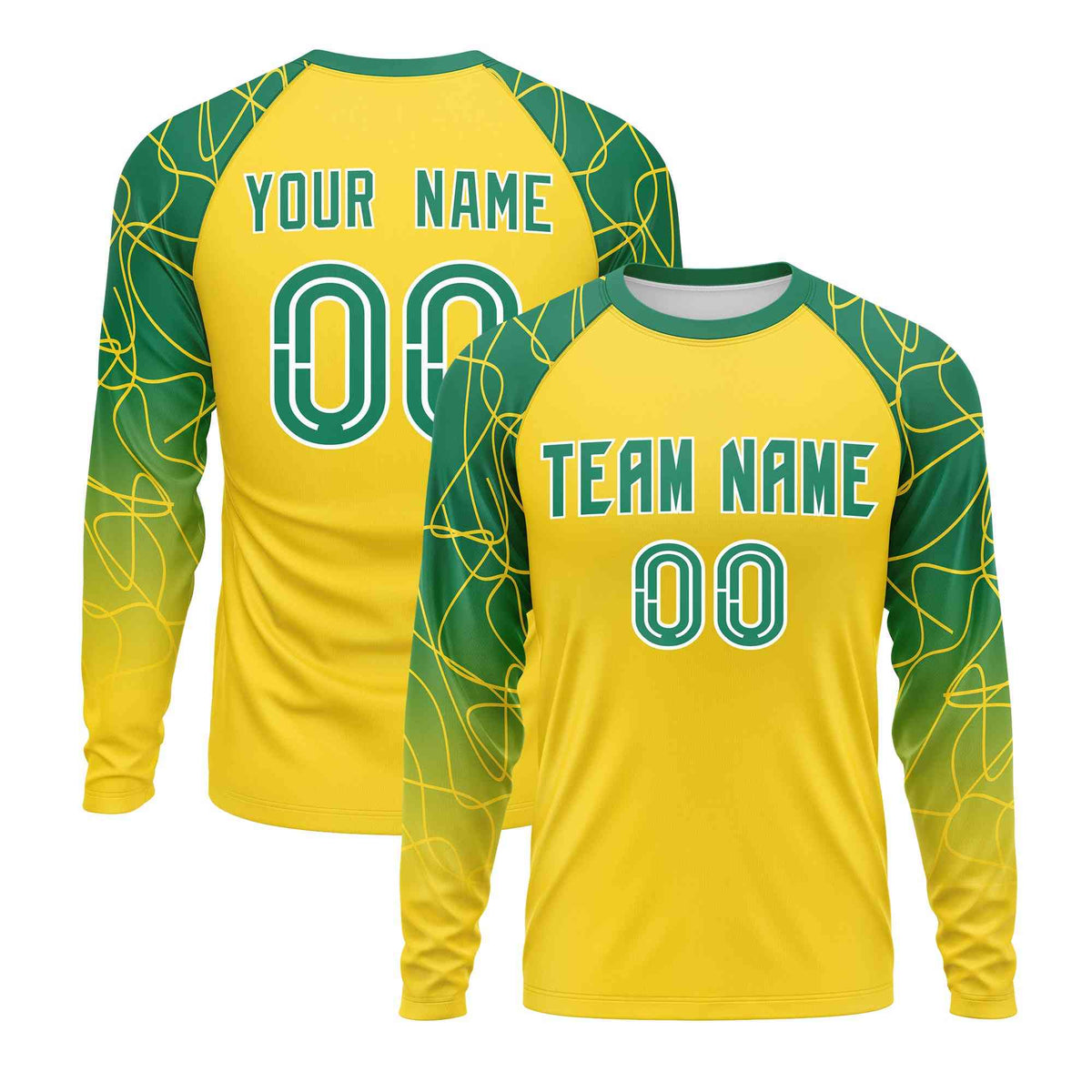 Custom Gold Kelly Green Tangled Lines Pattern Raglan Long Sleeve Performance T-Shirt