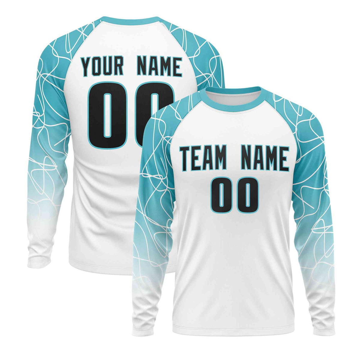 Custom Teal White Tangled Lines Pattern Raglan Long Sleeve Performance T-Shirt| KXKSHOP