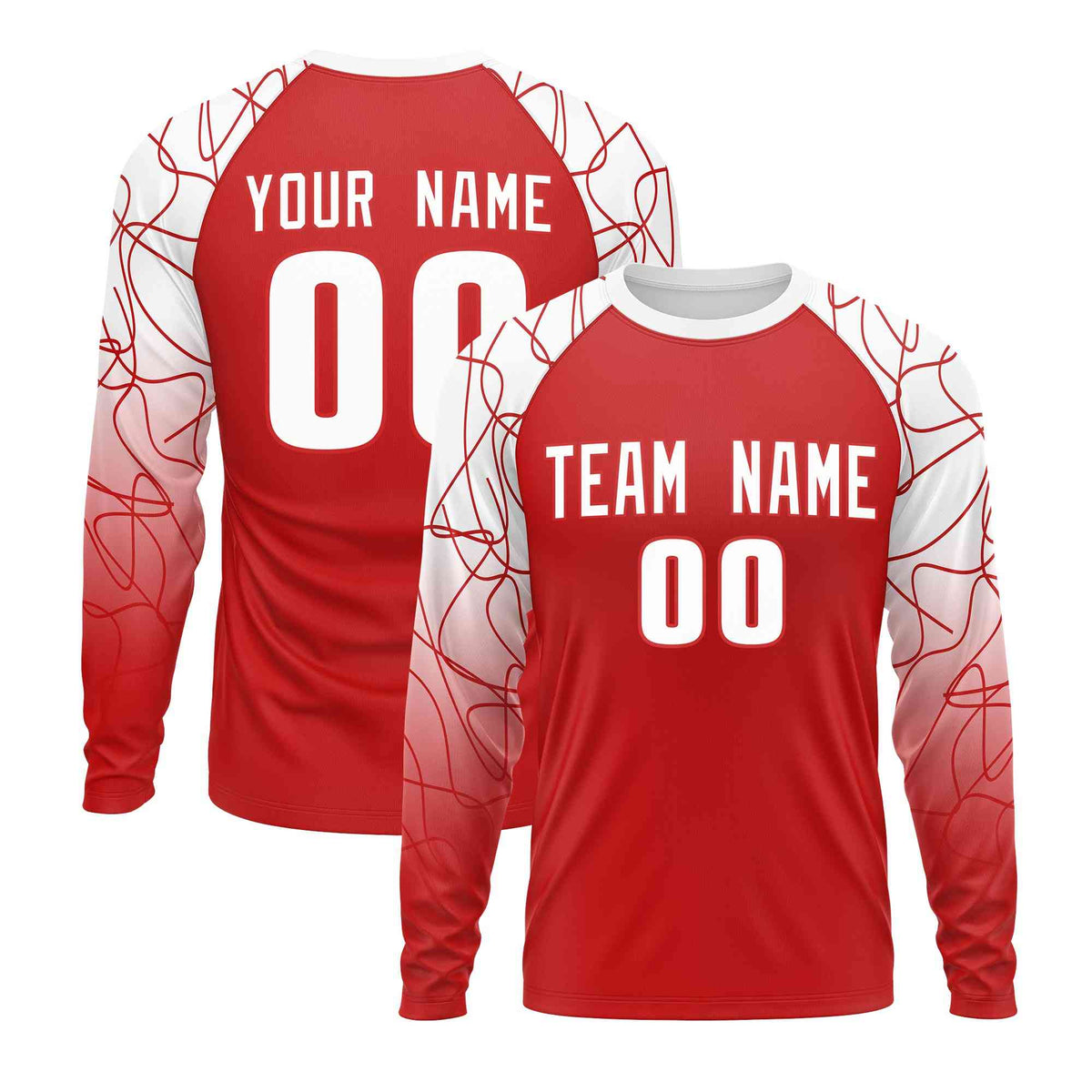 Custom Red White Tangled Lines Pattern Raglan Long Sleeve Performance T-Shirt| KXKSHOP