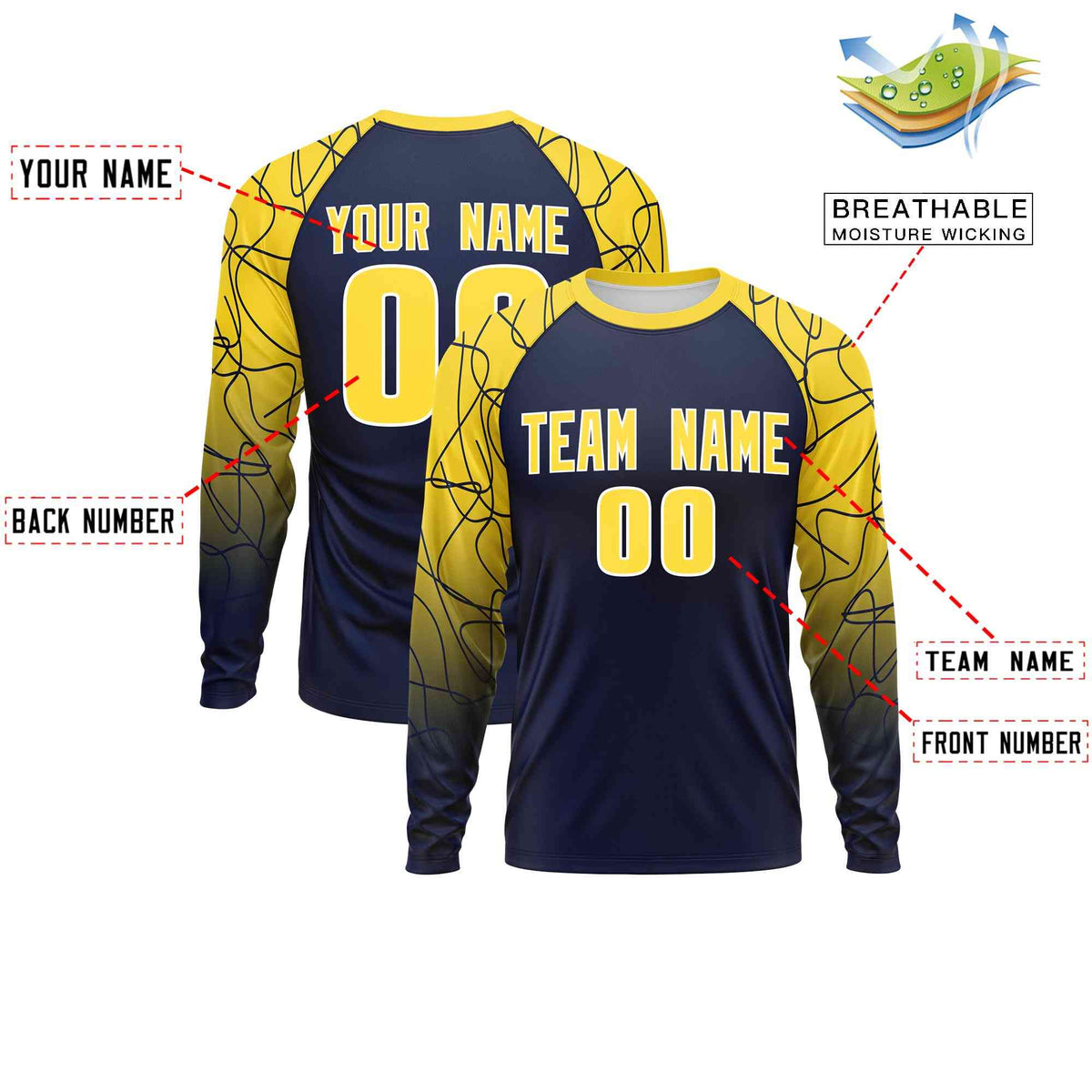 Custom Navy Gold Tangled Lines Pattern Raglan Long Sleeve Performance T-Shirt| KXKSHOP