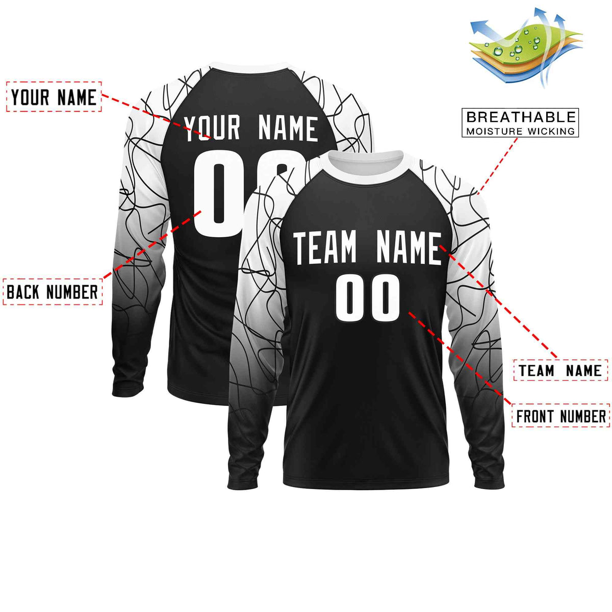 Custom Black White Tangled Lines Pattern Raglan Long Sleeve Performance T-Shirt| KXKSHOP